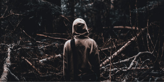 Person in a hooded sweatshirt standing in a dark Pacific Northwest forest