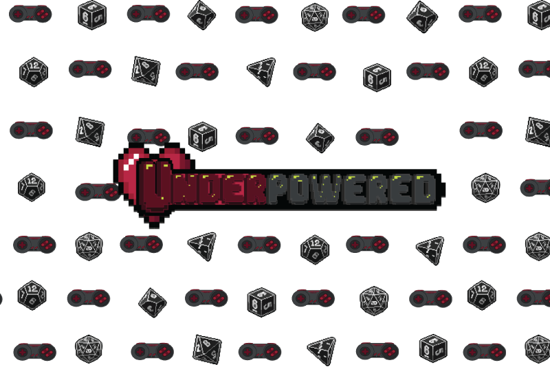 Underpowered pixel art logo with a heart icon over a pattern of dice and controllers