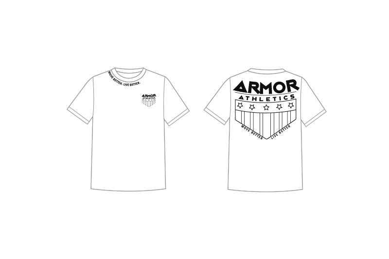 Front and back t-shirt mockups showing Armor Athletics chest and full-back screen print artwork