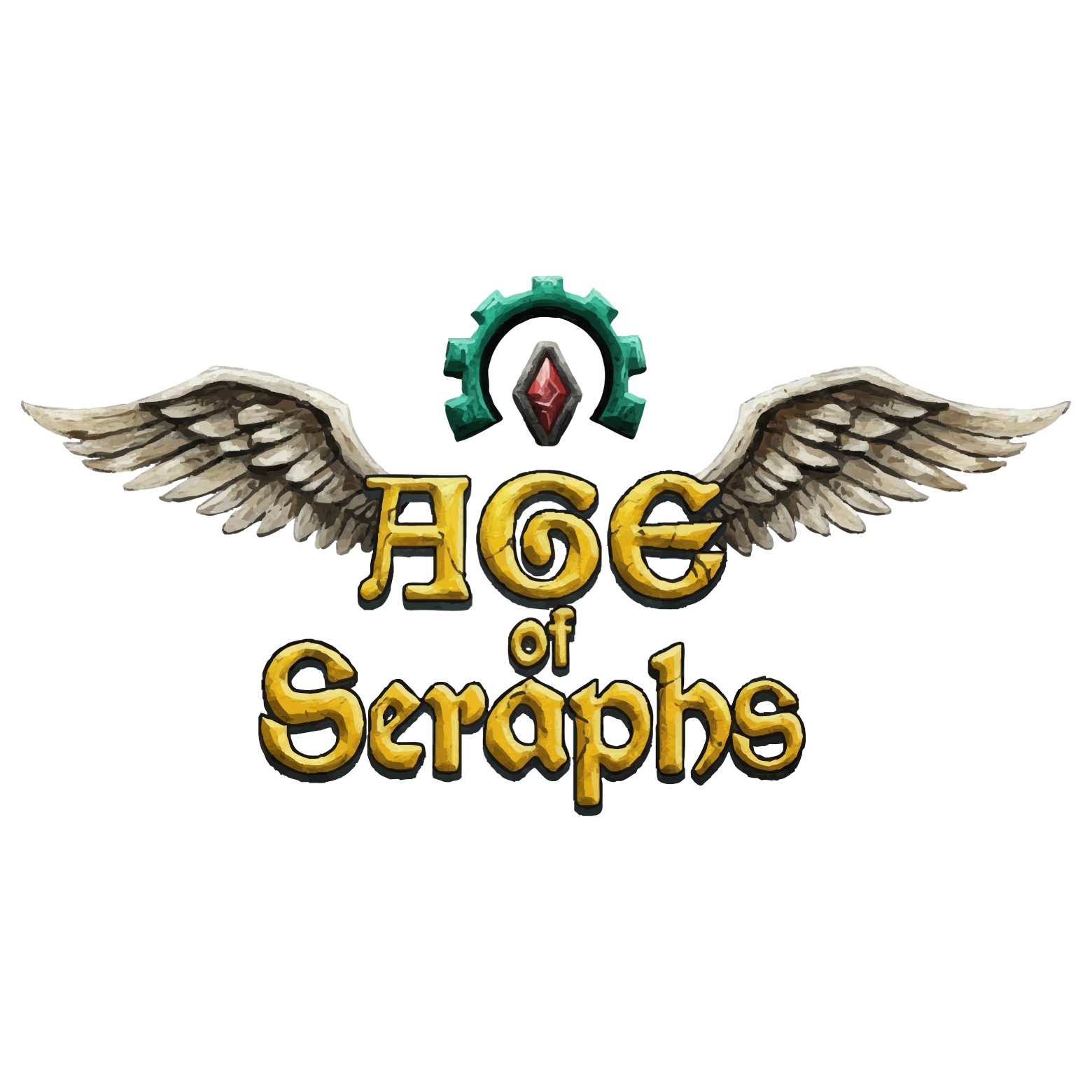 Age of Seraphs illustrated game logo with gold lettering, wings, and a green gear