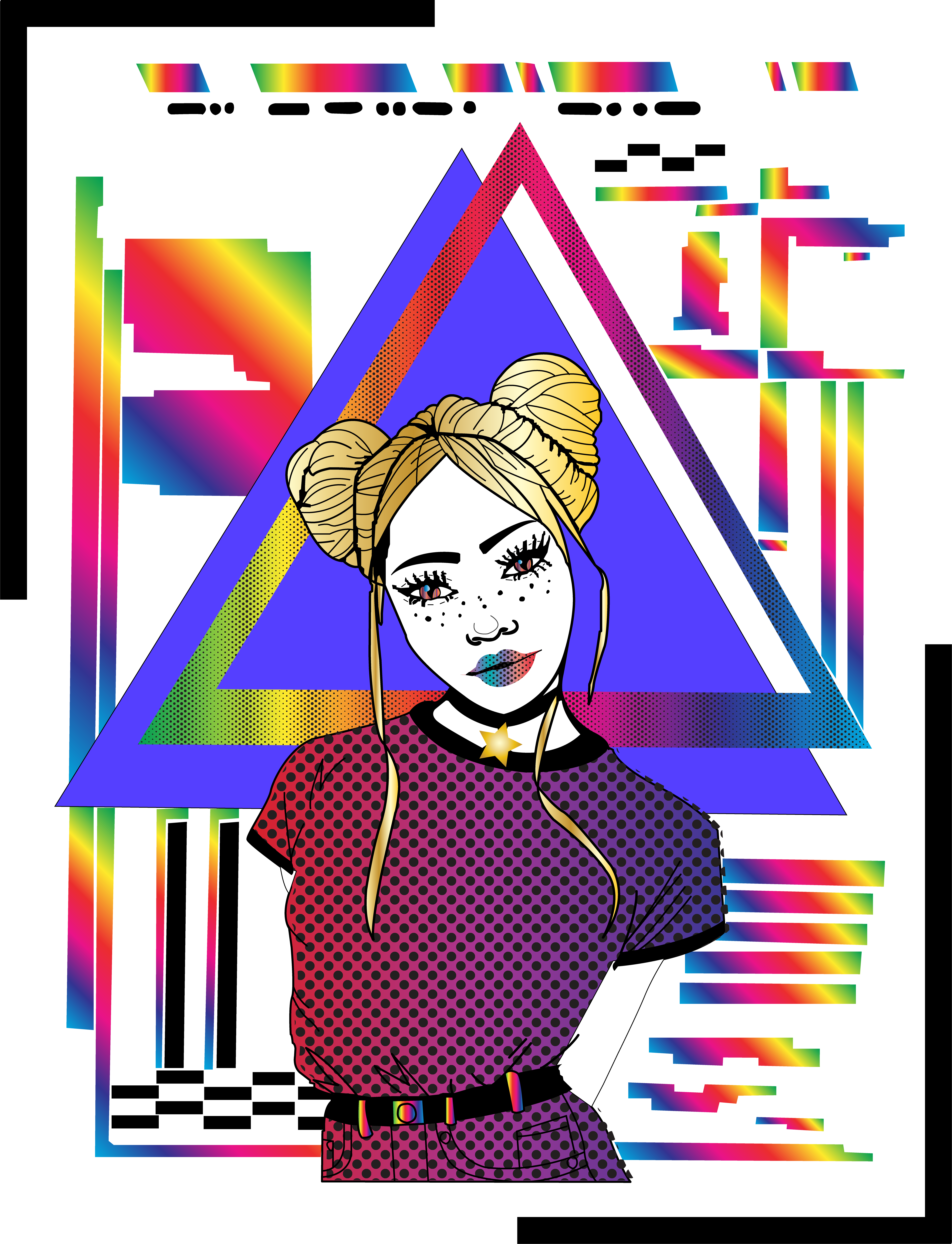 Colorful vaporwave style vector illustration of a woman inside a triangle