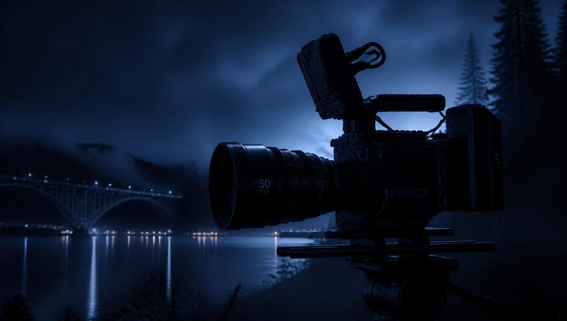 Cinema camera set up at dusk over Puget Sound water