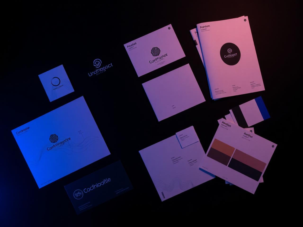 Brand identity collateral, brochures, and color swatches lit in indigo