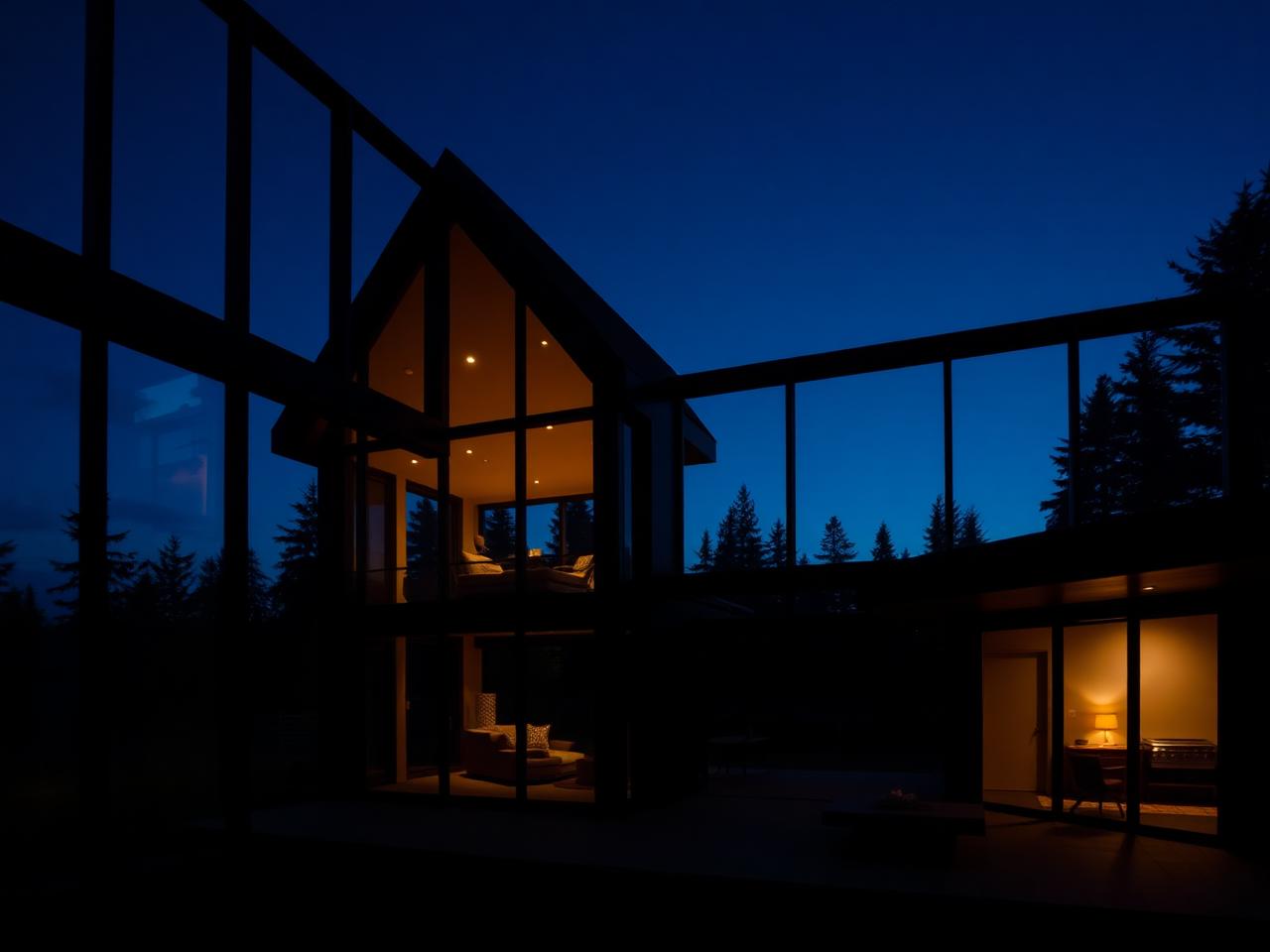 Modern Pacific Northwest home photographed at twilight with warm interior lighting