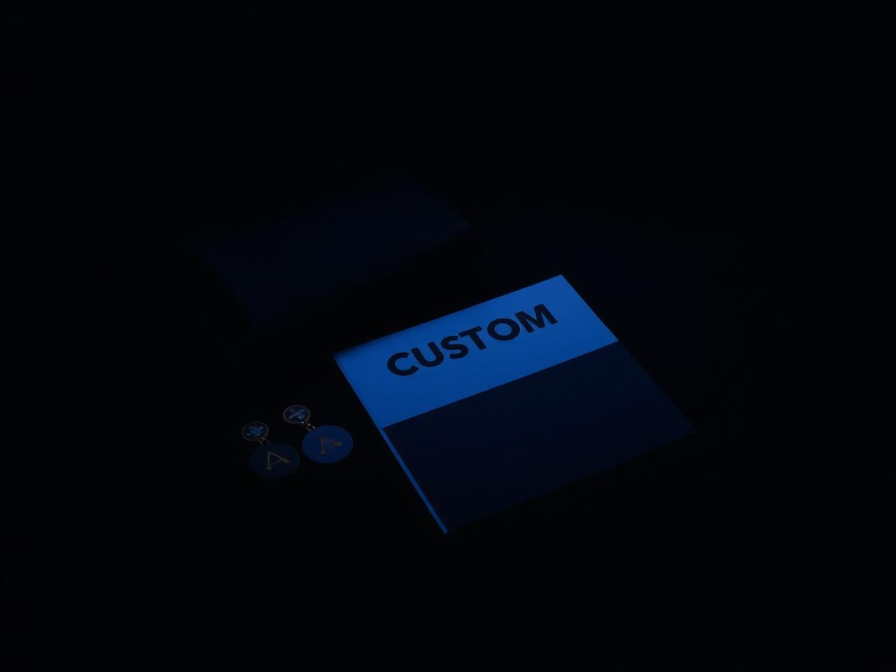 Custom merchandise including apparel, enamel pins, and printed signage in low indigo light