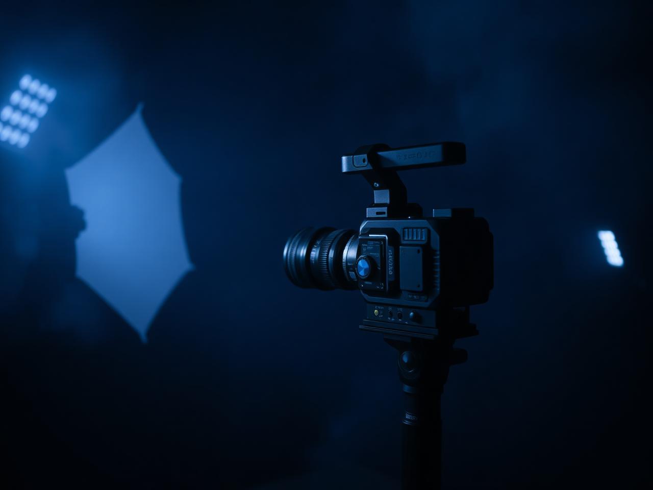 Cinema camera and softbox lighting on a hazy dark production set